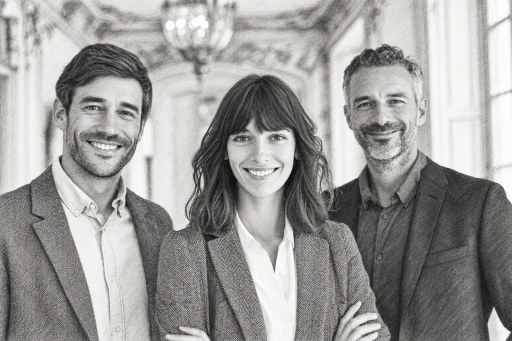 Three professionals standing beneath a chandelier in an ornate interior.