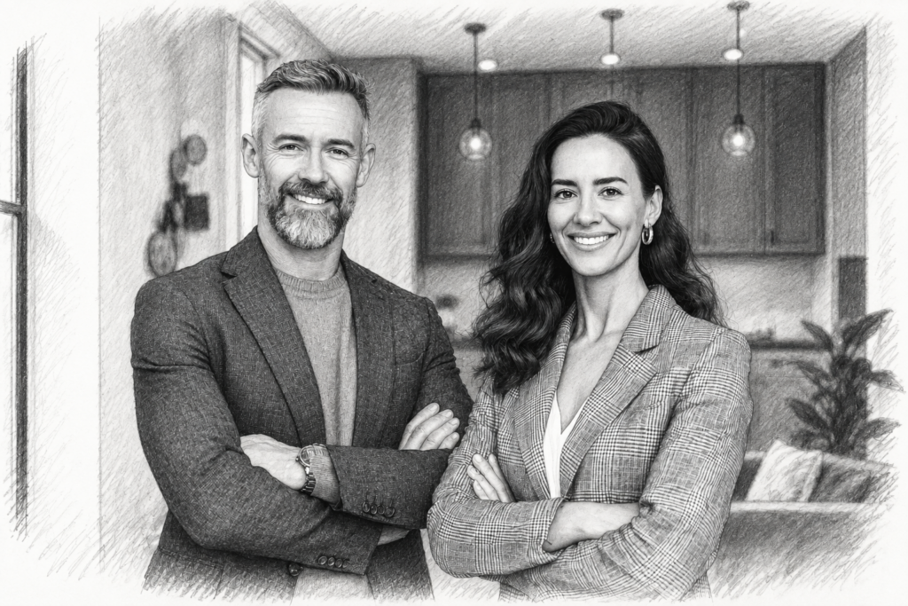 Man and woman standing with arms crossed in a kitchen.