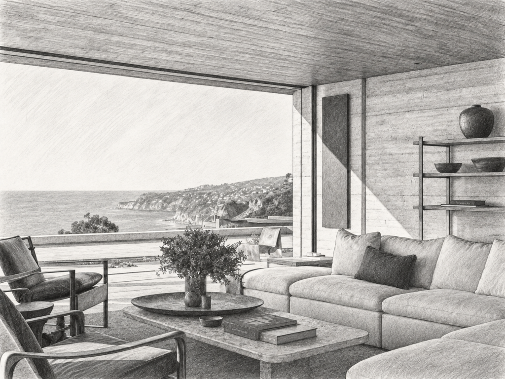 Living room with a view through large windows.