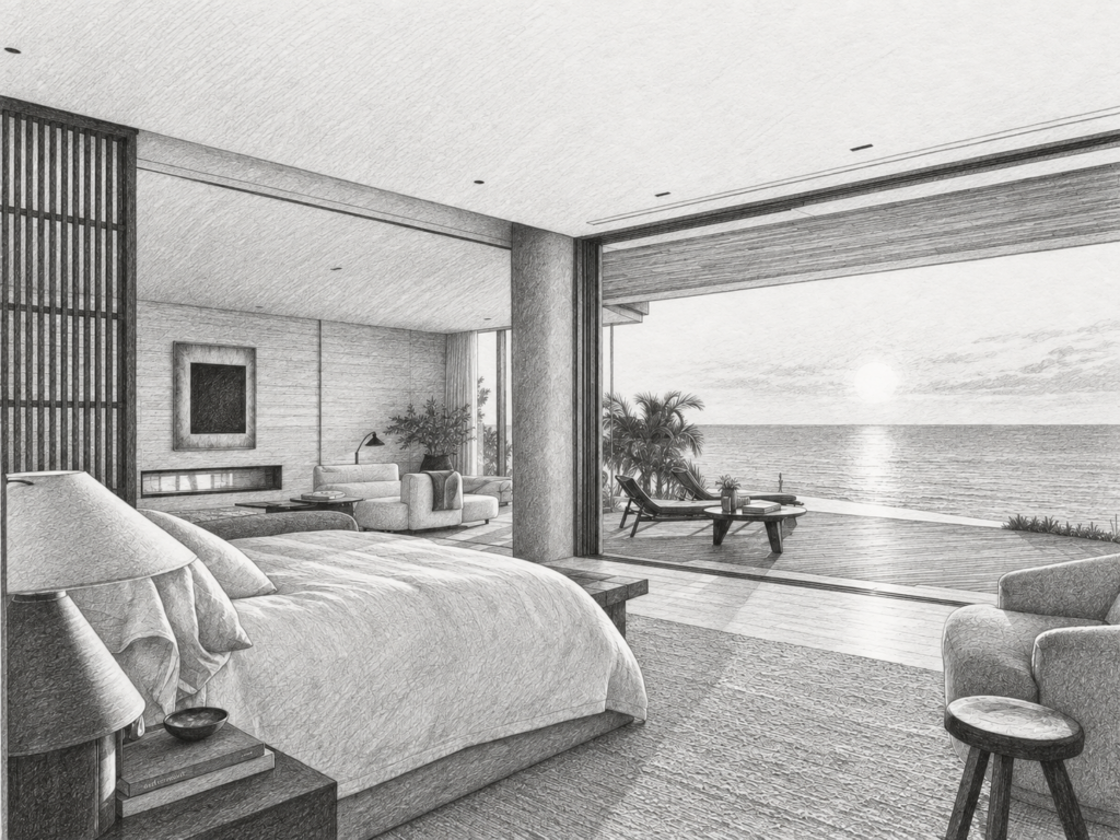 Navigating Real Estate Industry Reform: Strategies For Success 1 Open bedroom and lounge facing an ocean horizon through broad glass doors.