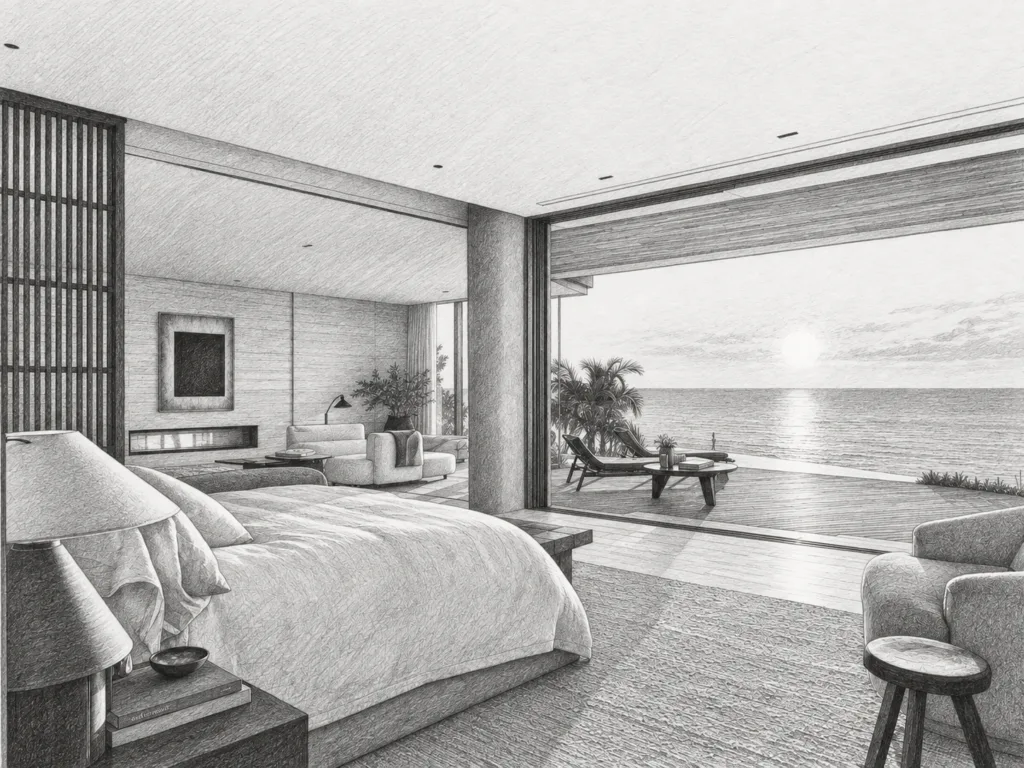 Navigating Real Estate Industry Reform: Strategies For Success 1 Open bedroom and lounge facing an ocean horizon through broad glass doors.