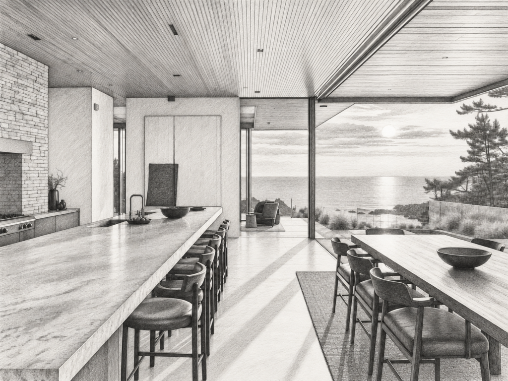 Introverts In Real Estate Marketing + Ai = Extraverts Beware 1 Open-plan kitchen and living area opening to a water view.