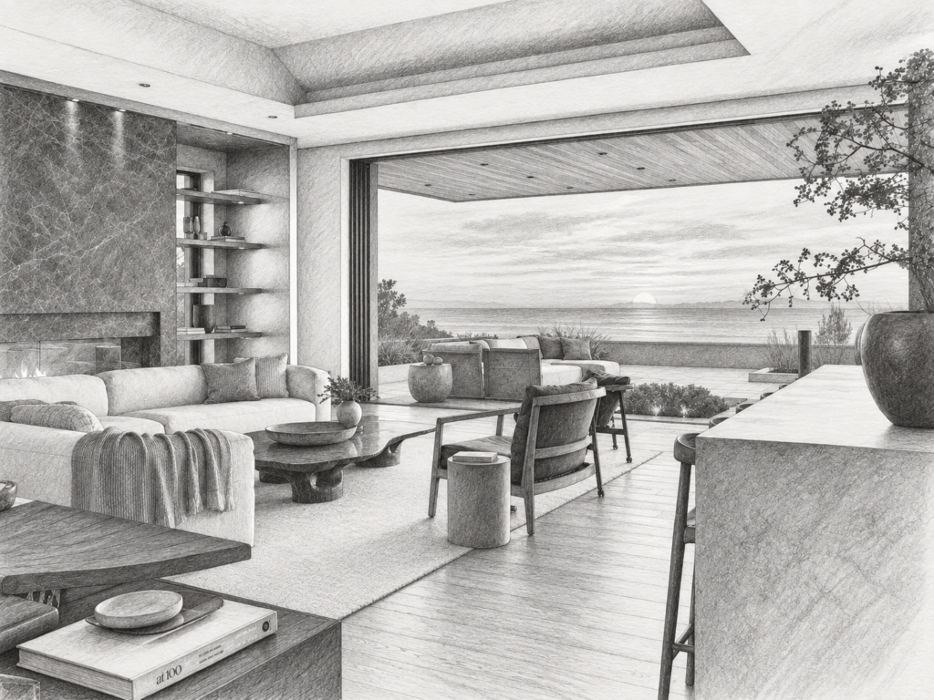6 Brokerage Operating System Essentials For Profitable Scale 1 Open living room with a fireplace, dining table and ocean view through broad glazing.