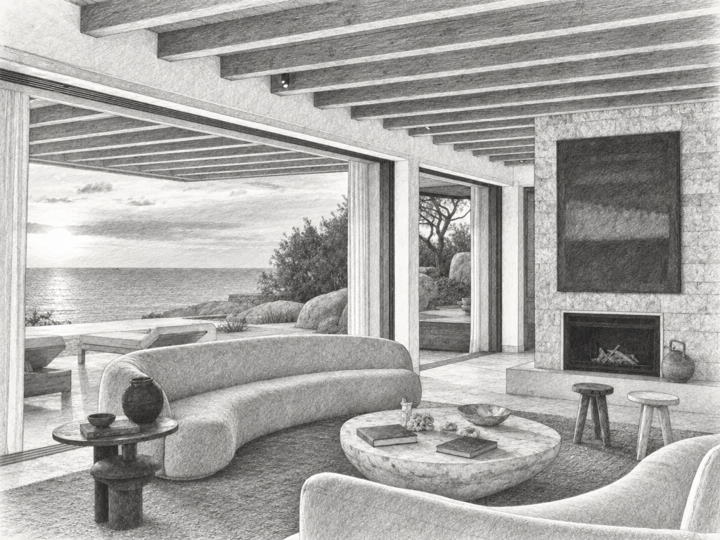 Open living room with a sofa, fireplace and ocean view through broad glazing.