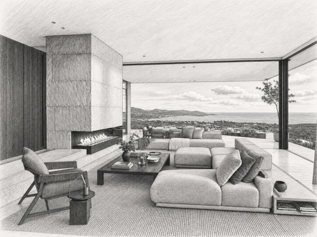 Living room with fireplace and ocean view.