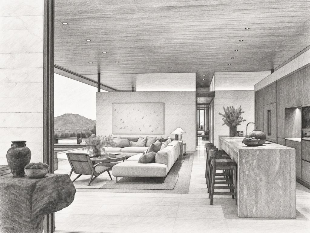 7 Brokerage Operating Model Decisions Required Before Scaling 1 Open living room with seating, a fireplace and a large wall panel.