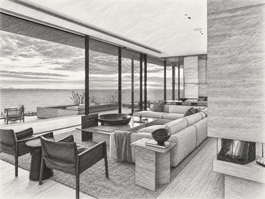 Open-plan living room with seating and a view through large windows.