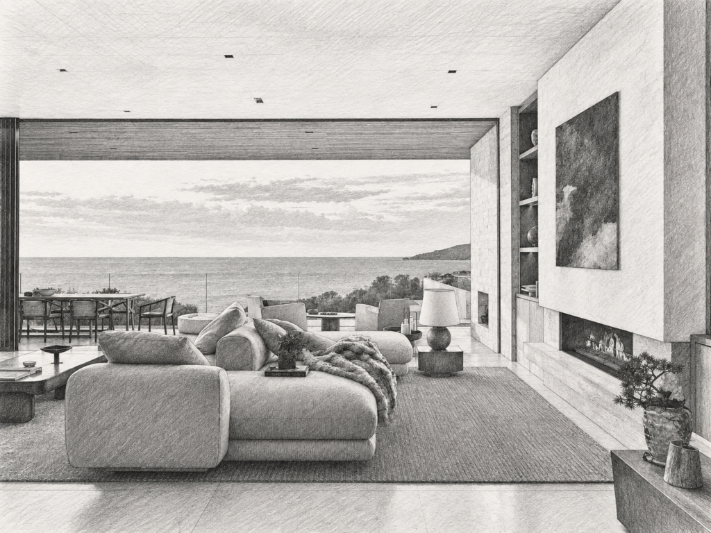 Open-plan living room with water view.