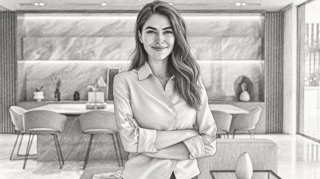 Smiling woman standing in a bright interior.