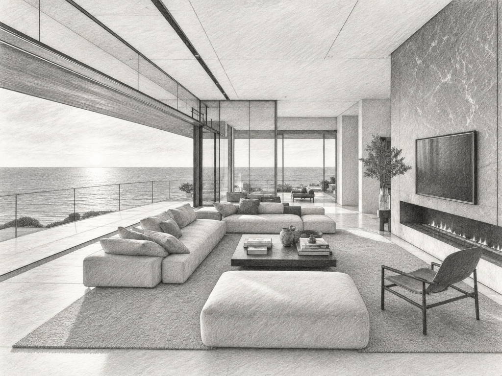 Open living room with a sofa and panoramic ocean view.