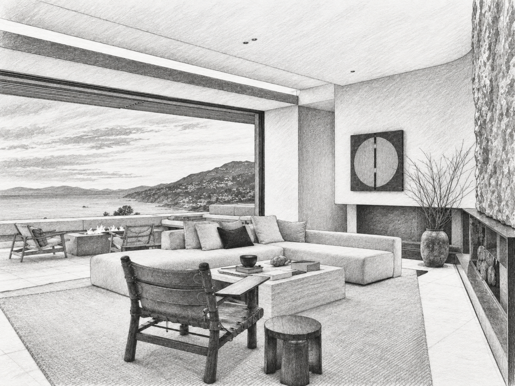 7 Uses Of Authentic Storytelling In Luxury Real Estate 1 Open-plan living room with seating and a view through large windows.