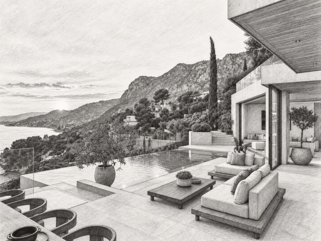 Terrace lounge with mountain and water views.