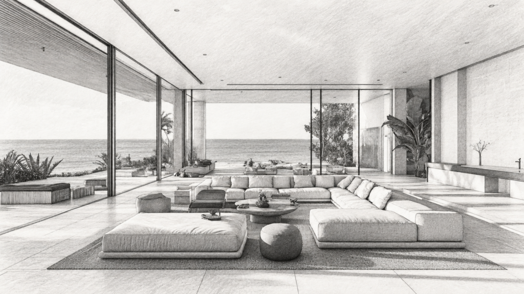 5 Top Tax-Free Havens For Luxury Real Estate Investment 1 Open living room with sofas and a panoramic ocean view.