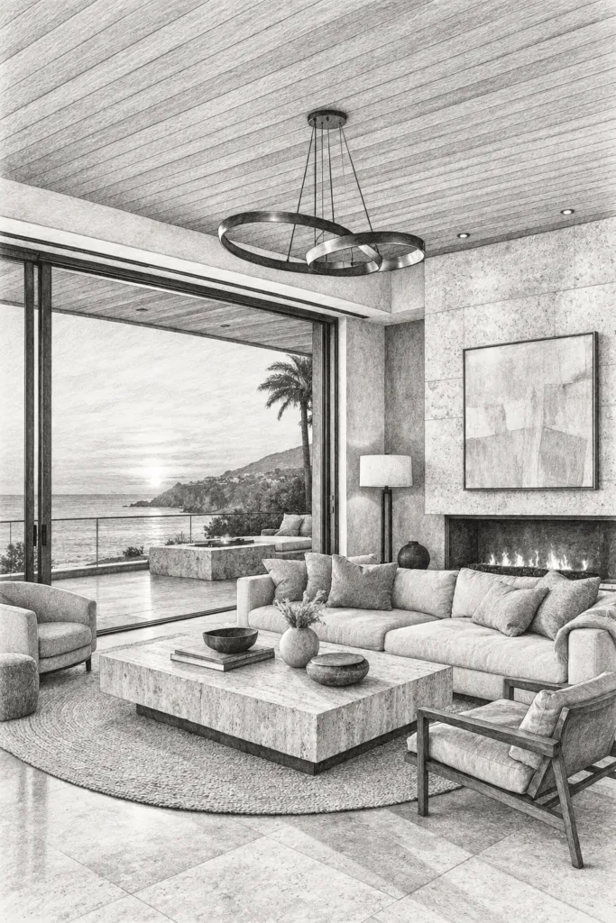 Living room with fireplace and water view.
