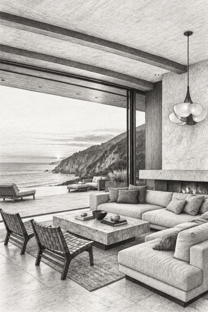 8 Rules For One-On-One Meetings With Independent Contractors 1 Living room with a large fireplace and ocean view beyond the glazing.