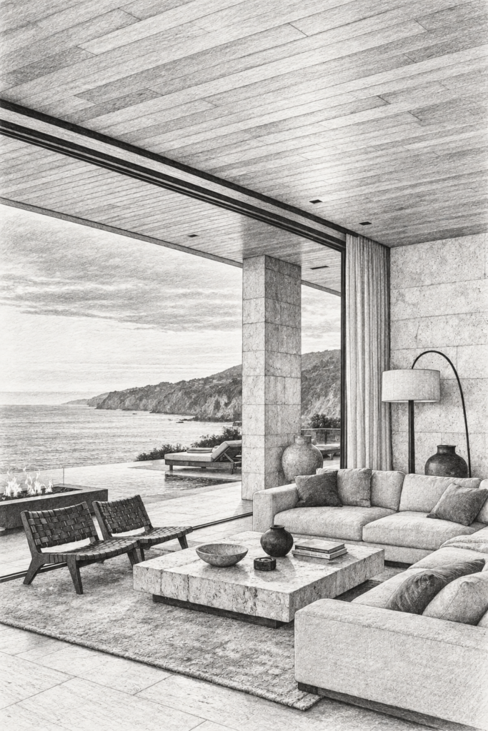 5 Ai Innovations Reshaping Luxury Real Estate Leadership 1 Open-plan living room with seating and a view through large windows.