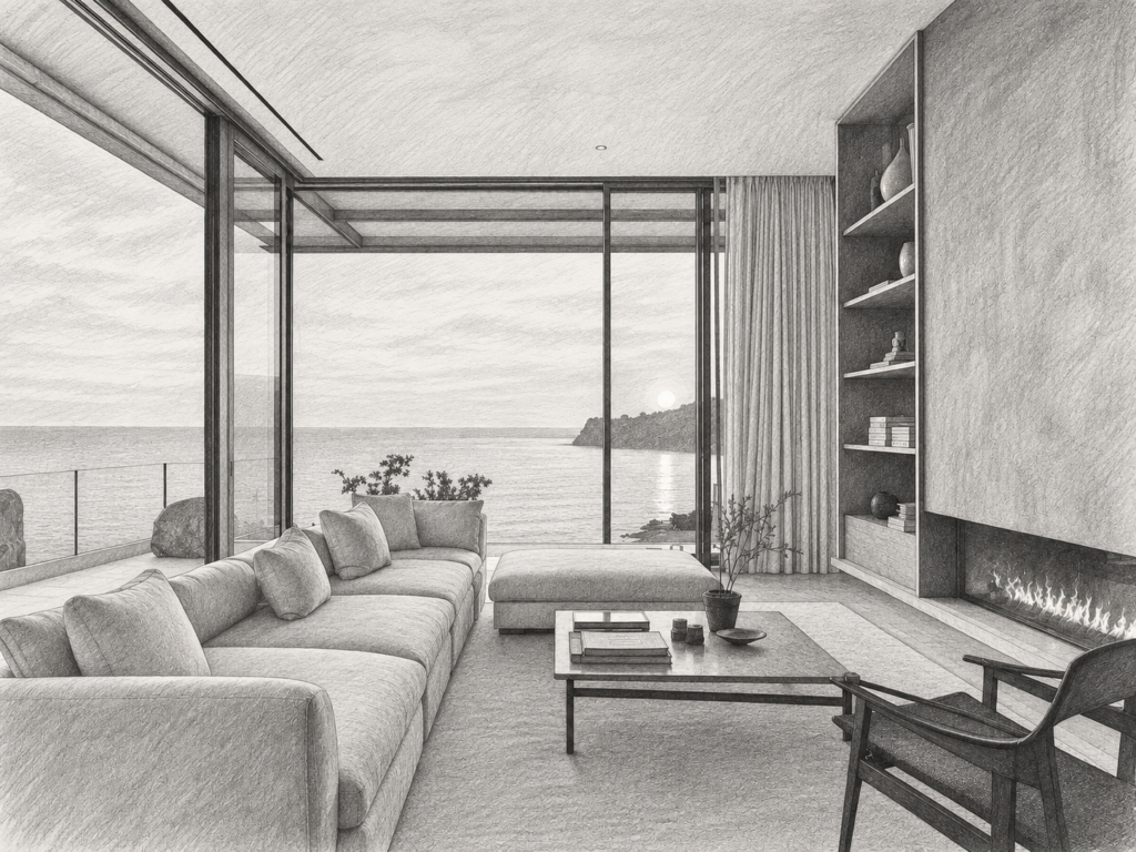 Living room with a sofa and ocean view beside a built-in bookcase.