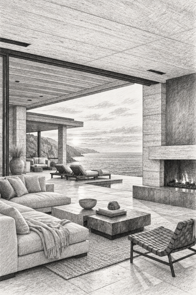 5 Ways Parkinson’s Law Improves Luxury Real Estate Efficiency 1 Open-plan living room with seating and a view through large windows.
