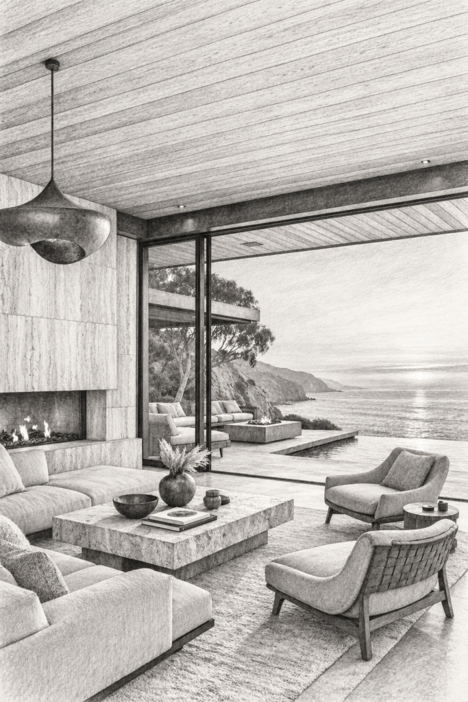 9 Agent Retention Strategies For Slow Real Estate Markets 1 Living room with a fireplace, seating and ocean-facing glazing.