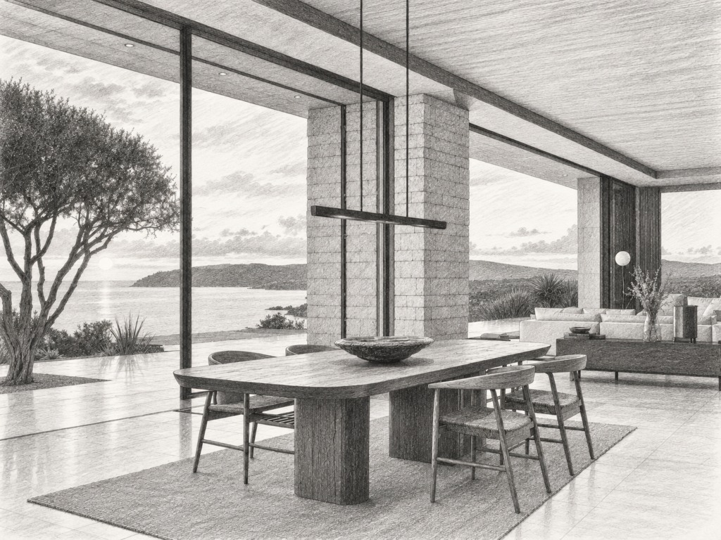 Open-plan living room with seating and a view through large windows.