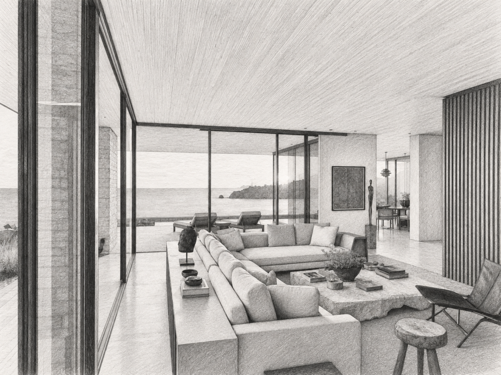 9 Real Estate Team Kpis For Scaling With Margin 1 Open-plan living room with full-height glazing and water view.