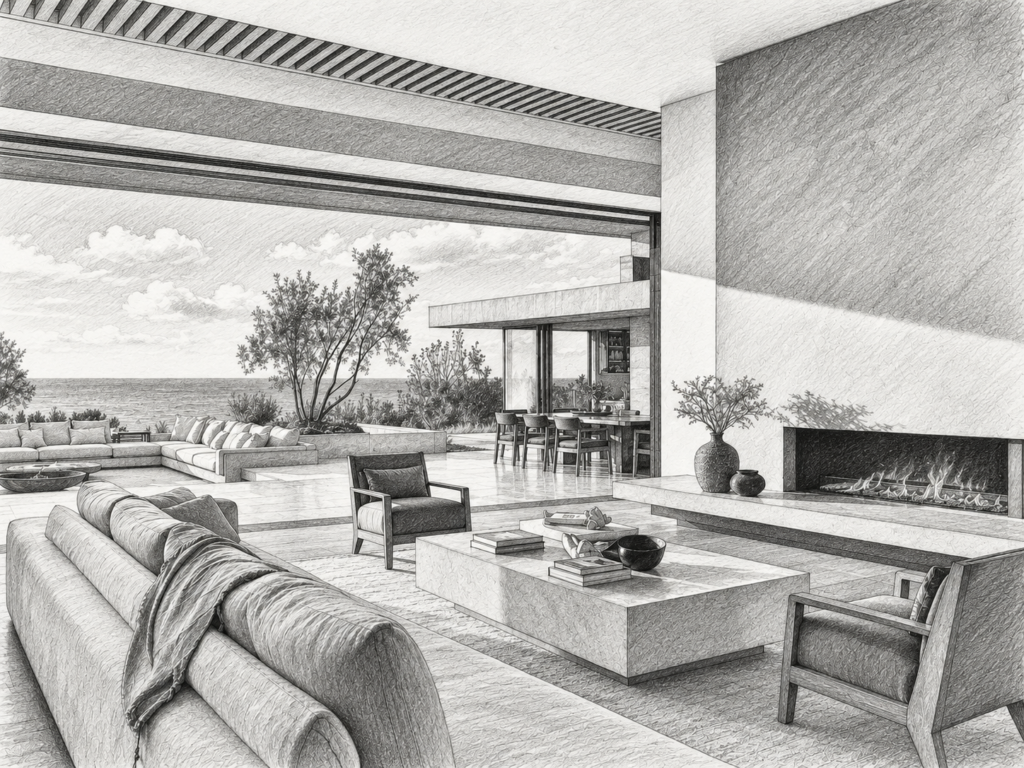7 Steps To Move Your Real Estate Team Without Disruption 1 Open-plan living room with fireplace and water view.