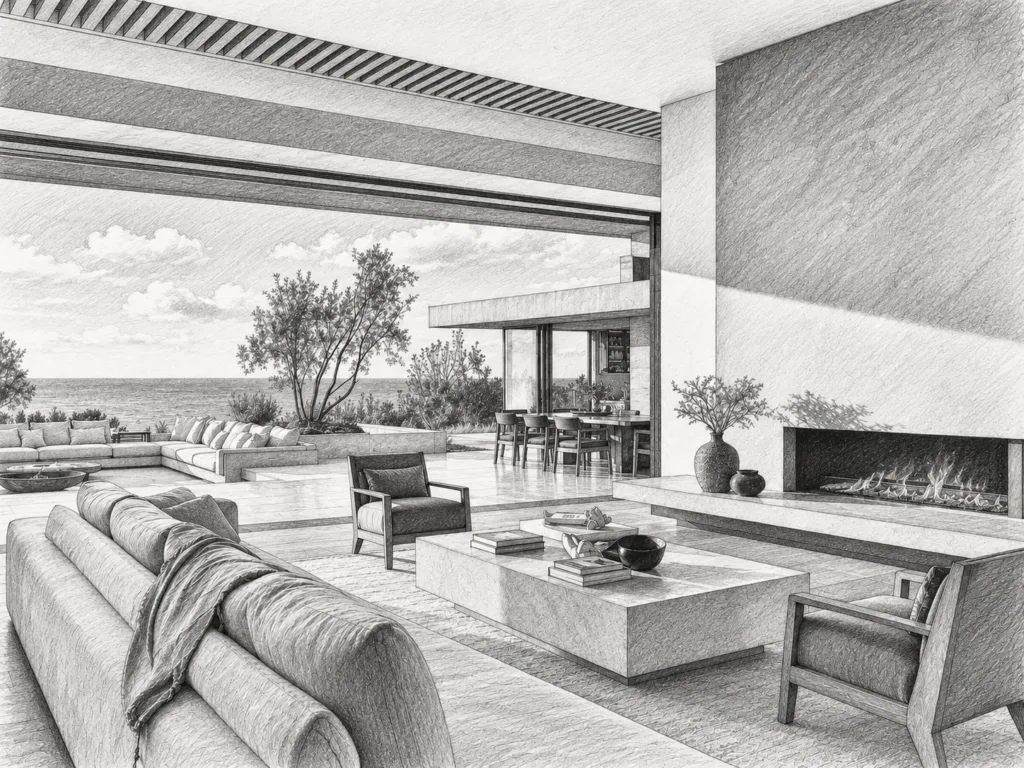 Open-plan living room with fireplace and water view.