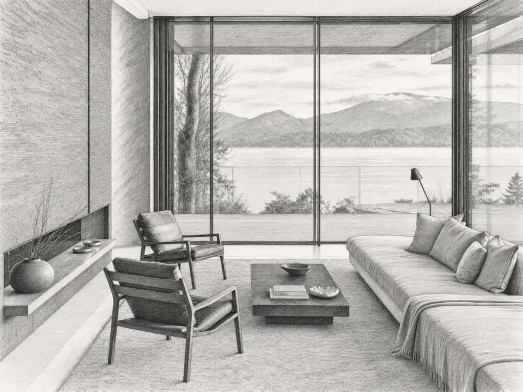 7 Expense Cutting Strategies For Luxury Real Estate Teams 1 Open living room with seating and a mountain view through floor-to-ceiling windows.