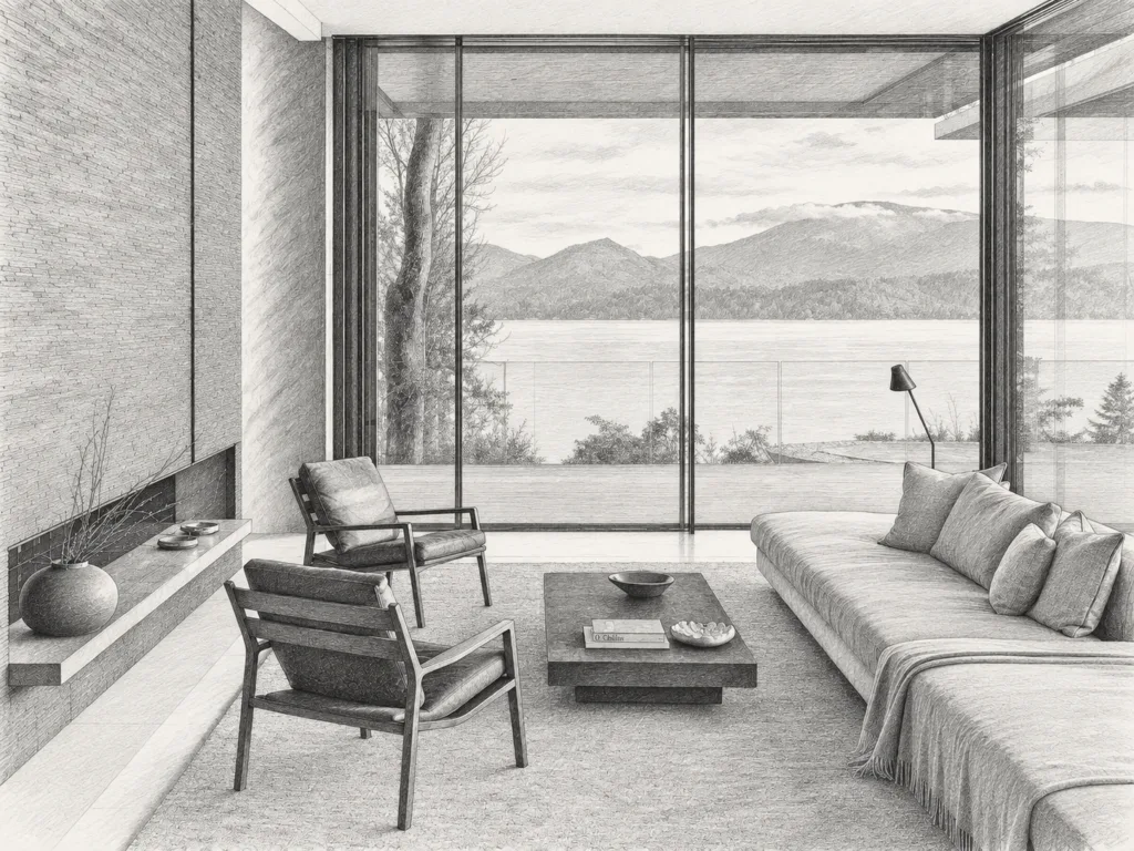 Open living room with seating and a mountain view through floor-to-ceiling windows.
