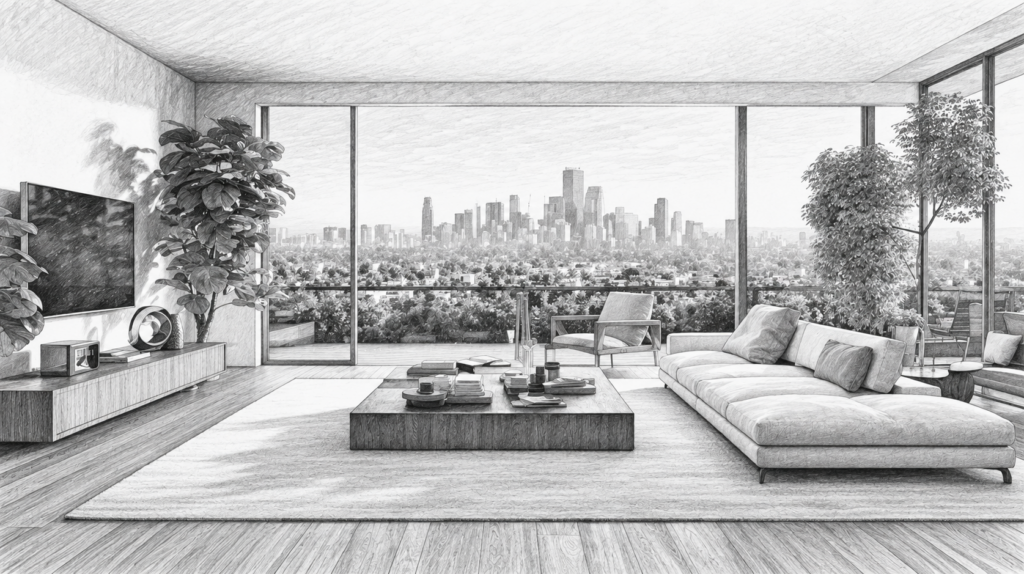 What Is Real Estate Consulting? Uncover The Value For Luxury Real Estate Professionals 1 Modern living room with a city skyline beyond glass walls.