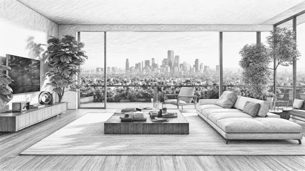What Real Estate Business Consulting Does 1 Modern living room with a city skyline beyond glass walls.