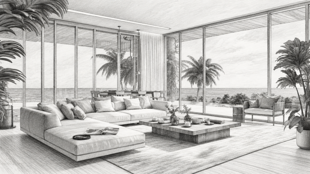 Real Estate Consulting Services: What They Offer For Luxury Professionals 1 Living room with sofas and palm trees visible through broad glazing.