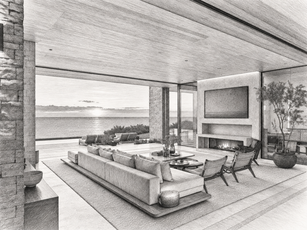 6 Real Estate Team Accountability Systems Before Scaling 1 Modern living room with fireplace and water view.