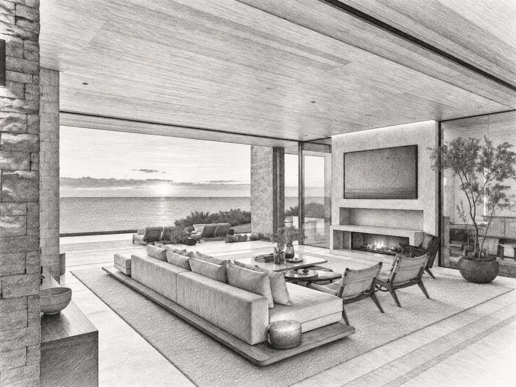 Modern living room with fireplace and water view.
