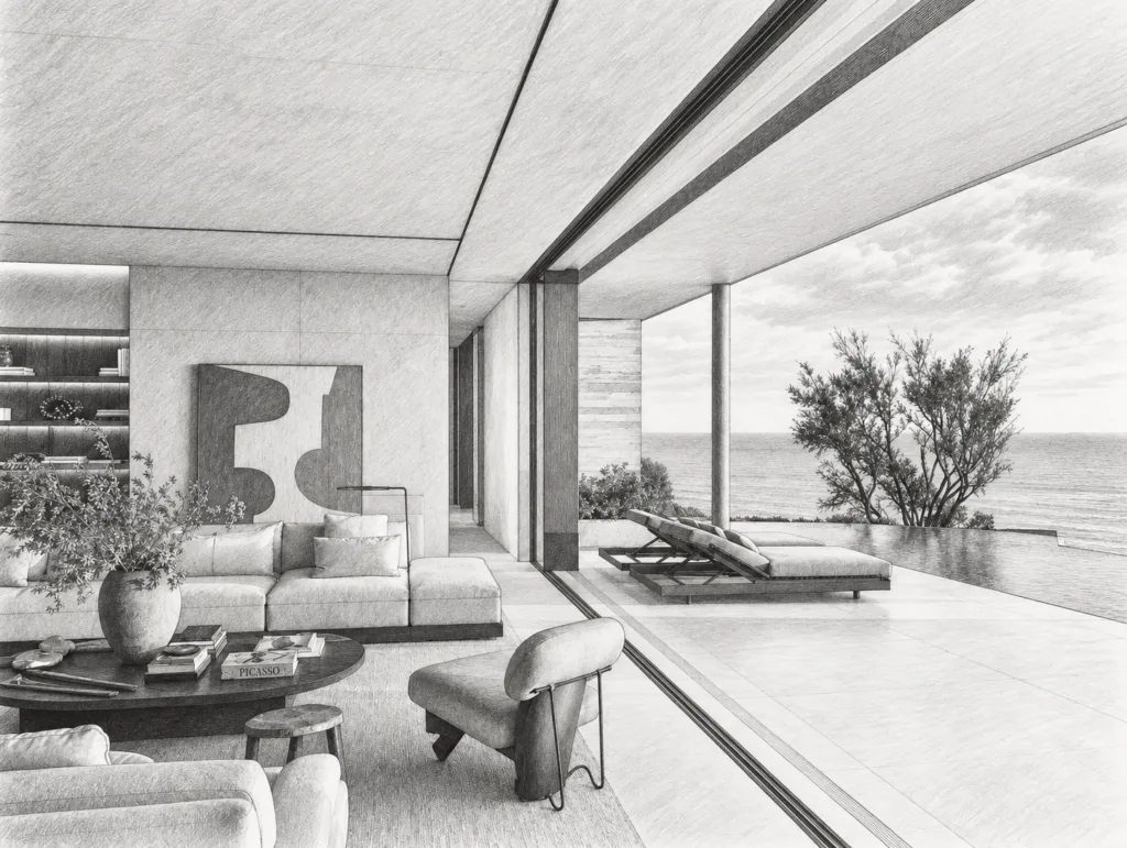 Open living room with seating, artwork and ocean view.