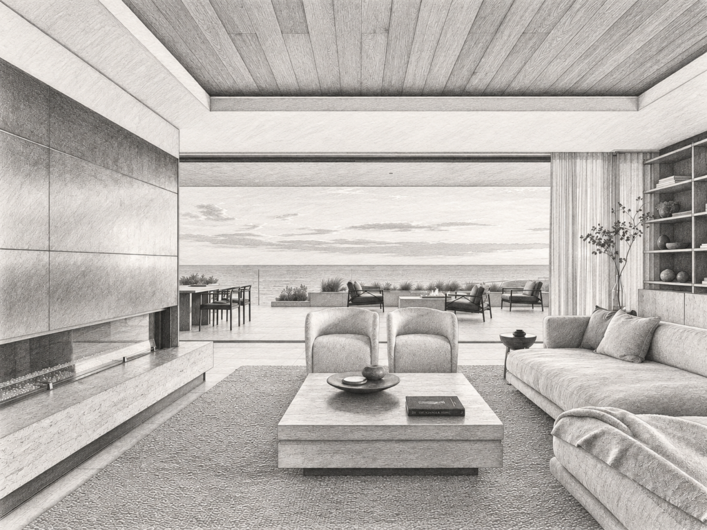 Open living room with a fireplace and ocean view.