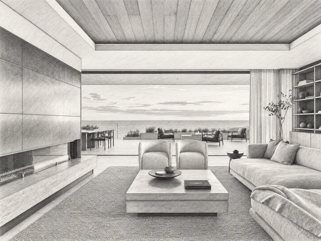 Open living room with a fireplace and ocean view.