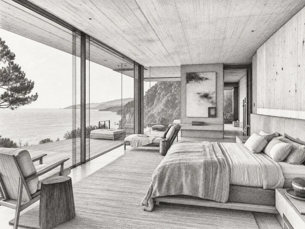 Bedroom with a water view through glass walls.
