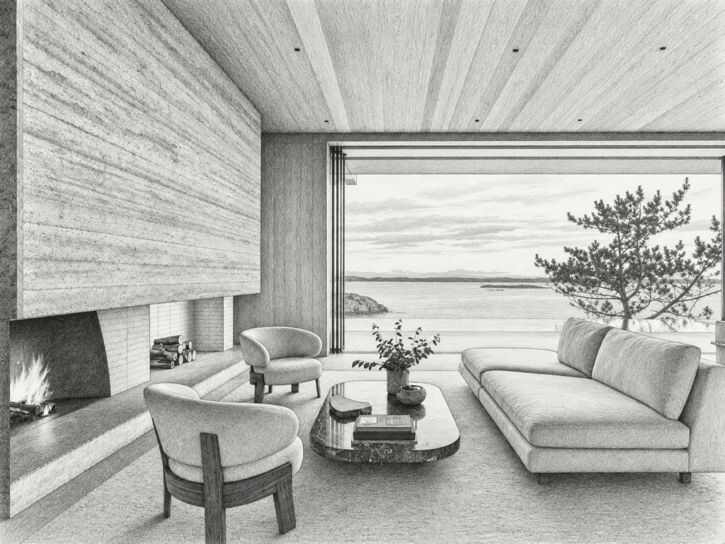Living room with fireplace and water view.