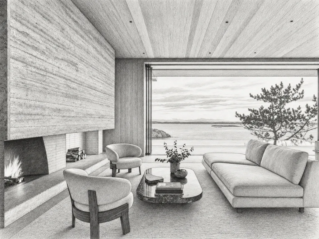 Living room with fireplace and water view.