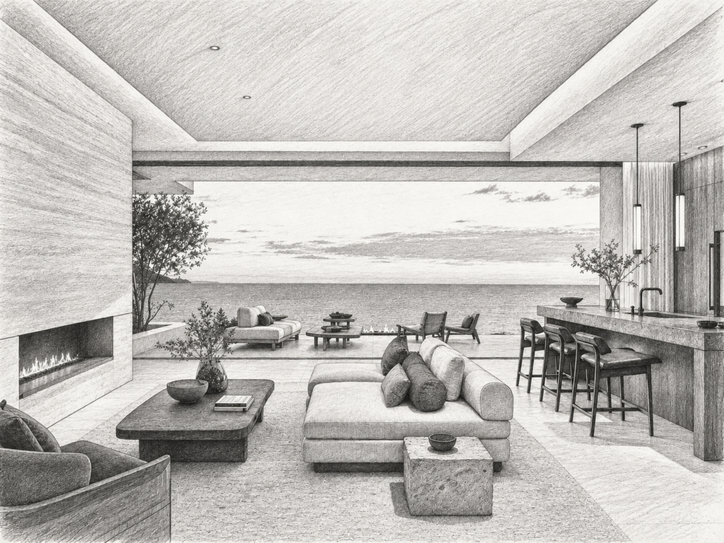 6 Brokerage Operating Cadence Systems That Protect Margin 1 Open living room with a fireplace, seating and ocean view.