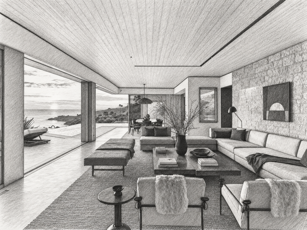 Open-plan living room with seating and a view through large windows.