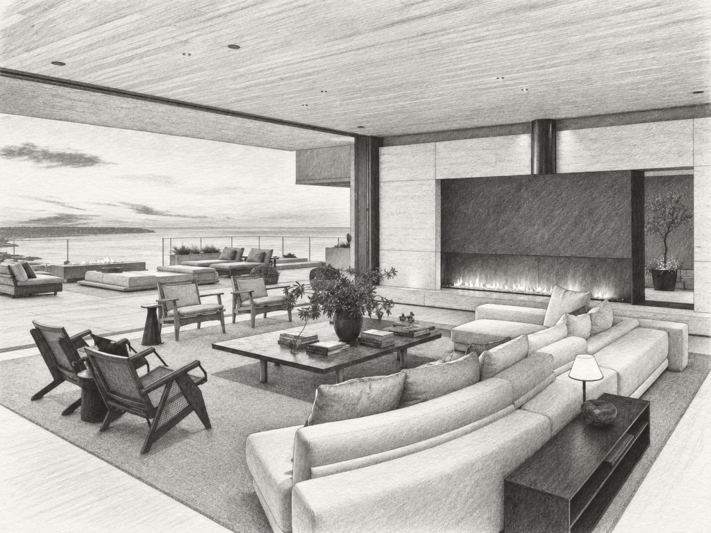 Open-plan living room with fireplace and water view.