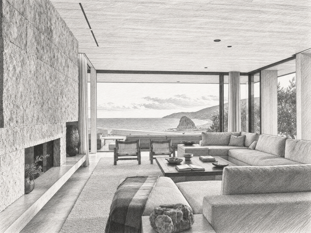 Open living room with a fireplace, seating and ocean view.