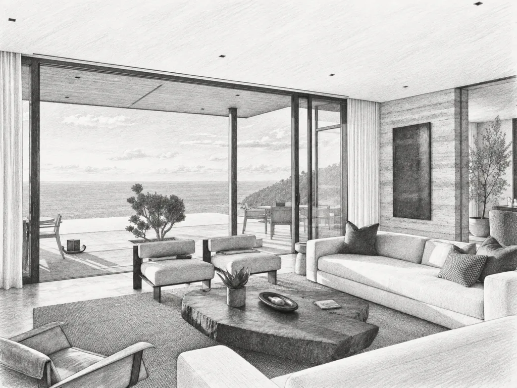 Open-plan living room with seating and a view through large windows.