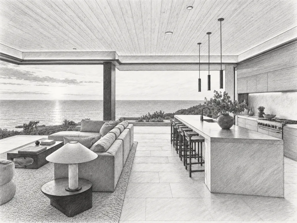 Open-plan living room and kitchen with water view.