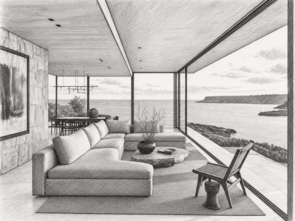 Living room with a sofa and broad sea view.