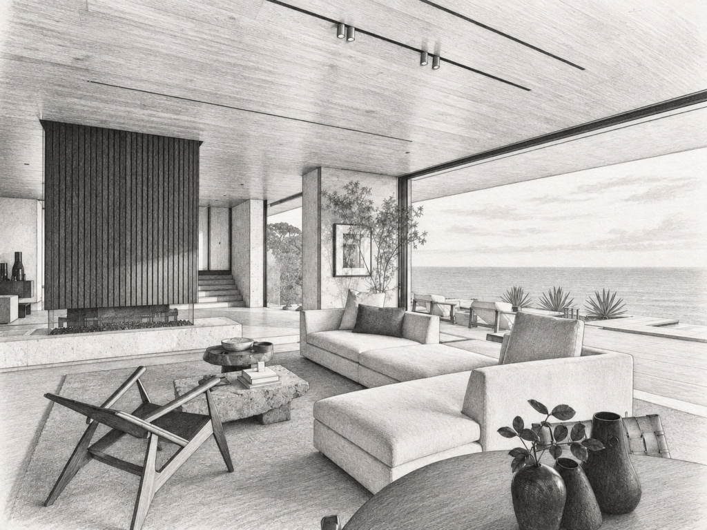 Living room with fireplace and water view.
