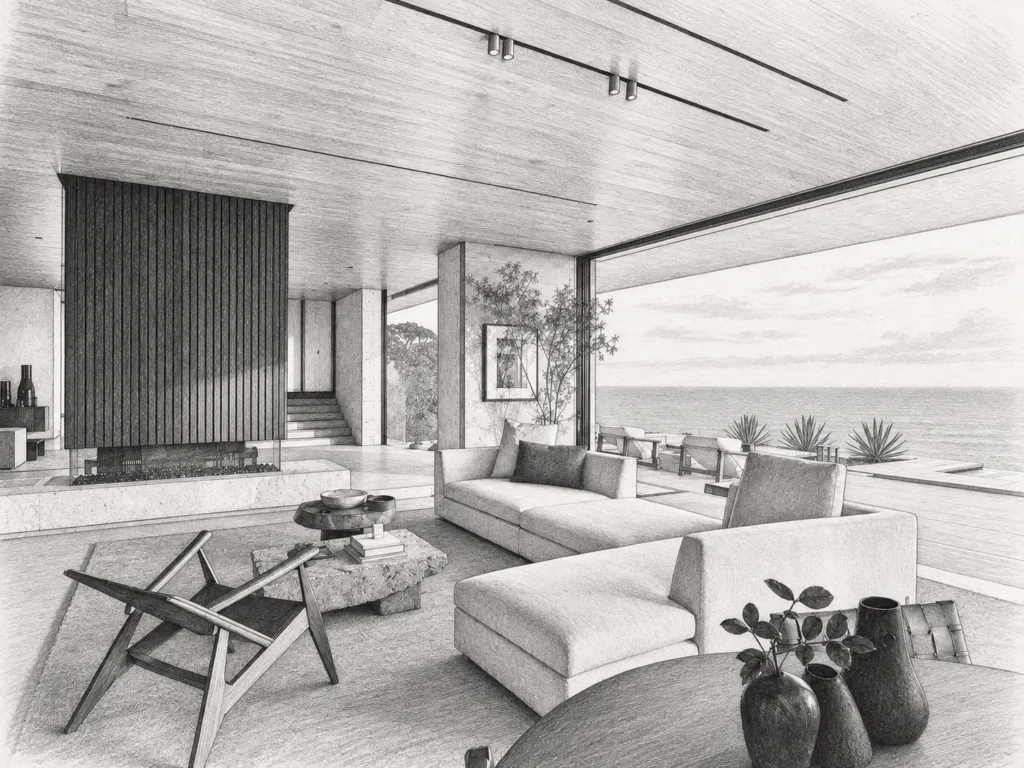 Living room with fireplace and water view.