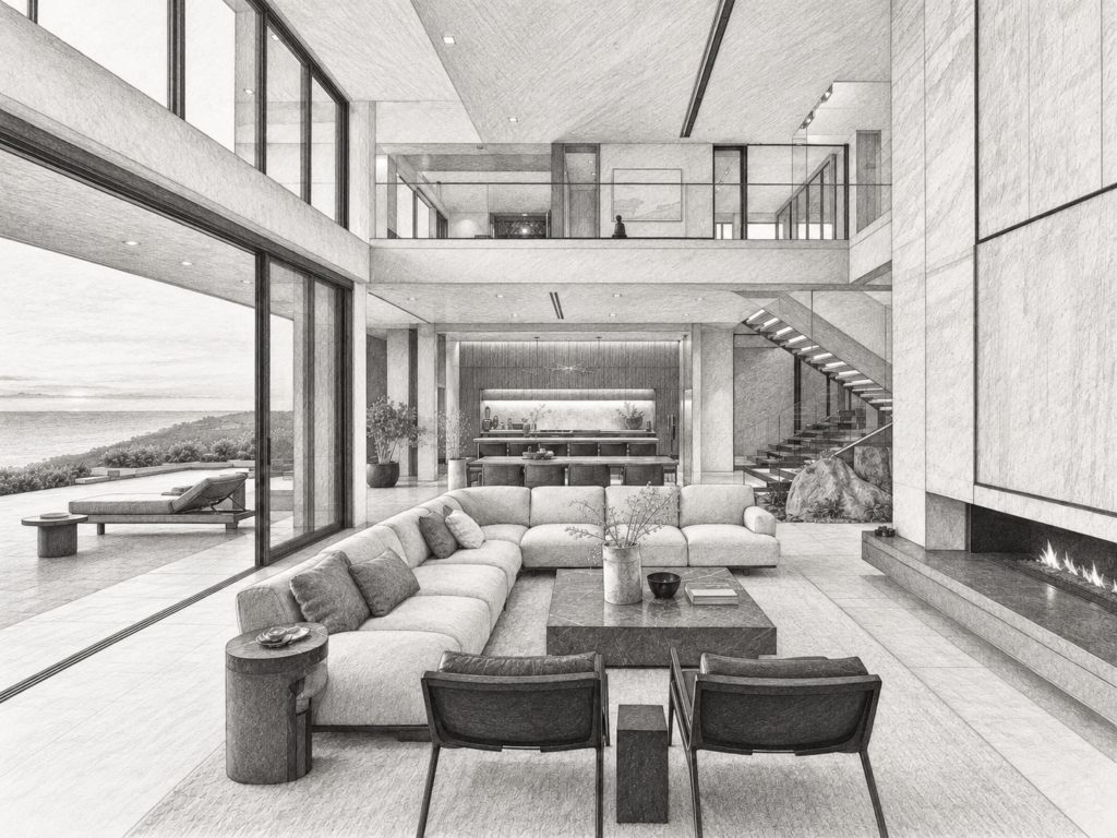 7 Brokerage Operating System Controls Before Scaling 1 Double-height living room with a mezzanine, sofas and broad glazing.